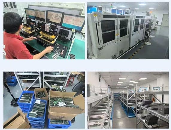 Four views of the factory: test station, test oven, work-in-progress boards in bins, and finished goods on racks