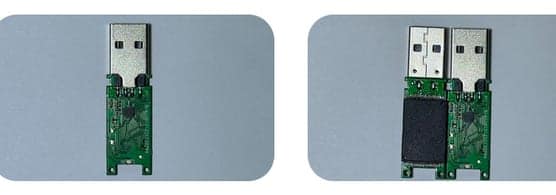 Two semi-finished USB flash boards photographed front and back
