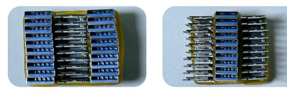 A panel of semi-finished USB flash boards in blue, shown front and back