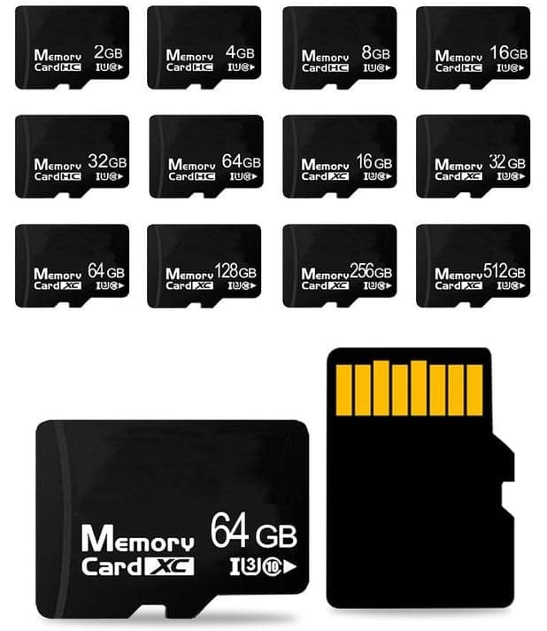 TF cards shown front and back across a range of capacities