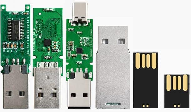Bare PCB, assembled board, metal housing and UDP module photographed side by side