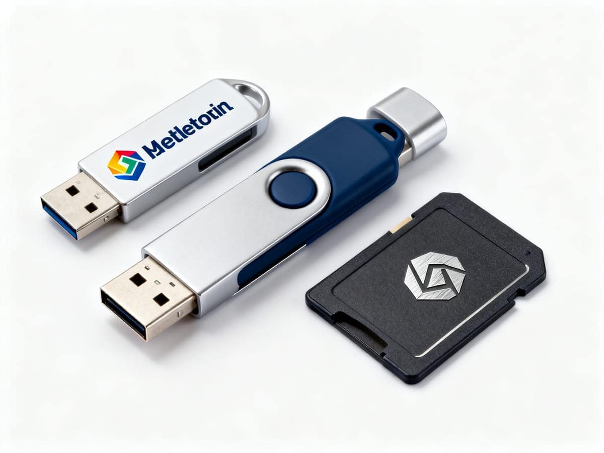 Custom branded USB flash drives and memory cards showing screen printing, colour printing and laser engraving on metal and PVC housings.