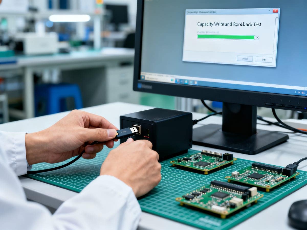 Technician running capacity write-and-read-back verification on a USB drive at a testing workstation